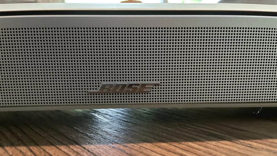Close up of Bose soundbar show speaker grille and branding