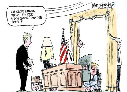 Political cartoon U.S. Trump White House domestic abuse cover-up To Catch a Predator