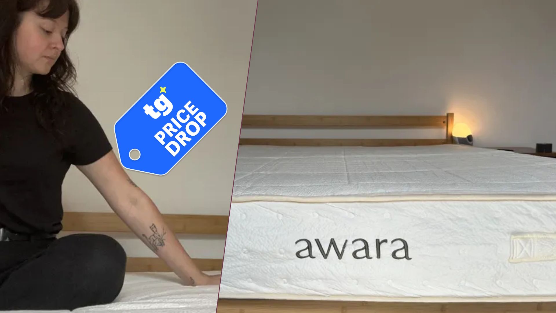 Mattress tester Lauren Jeffries sits on top of a a beige Awara mattress in a neutrally decorated bedroom 