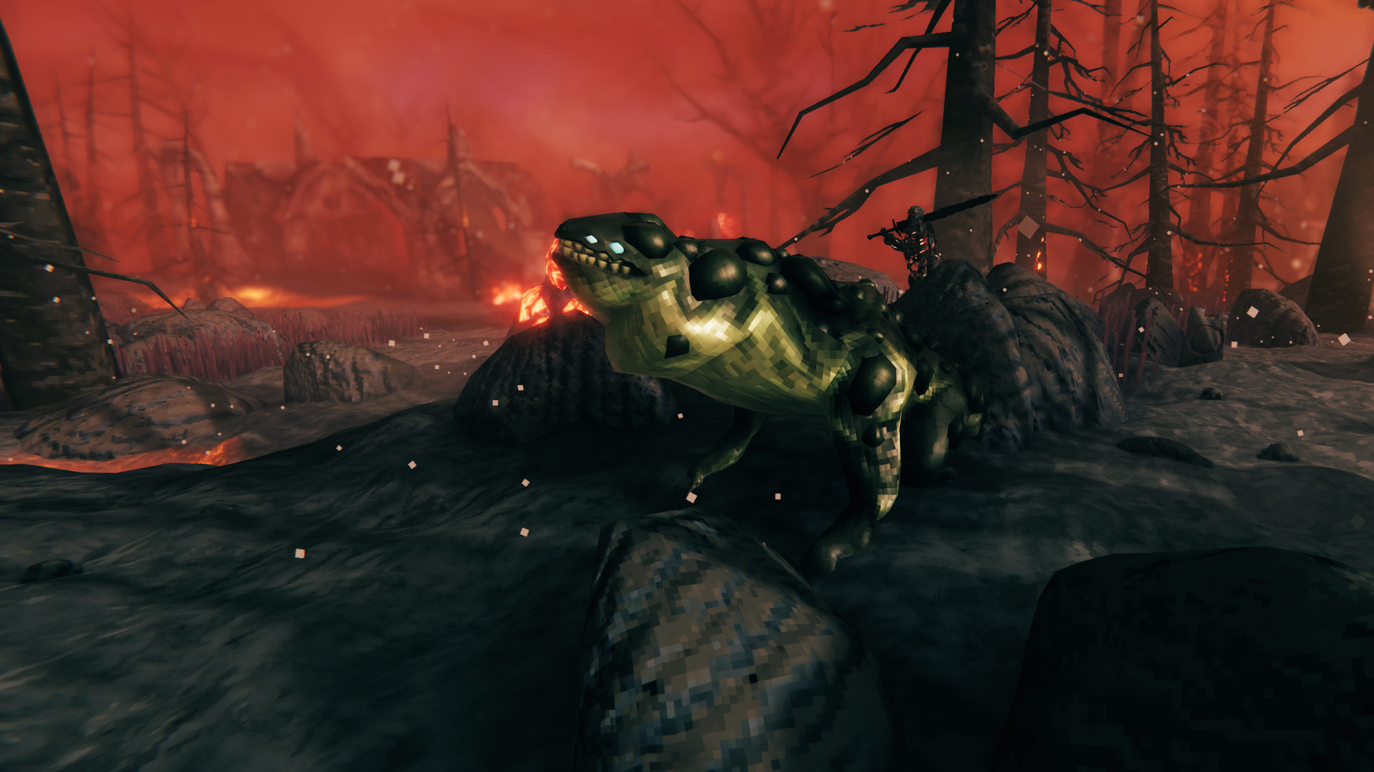 Valheim - Ashlands biome with a lizard-like enemy, the Askvin