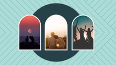 september cosmic calendar feature a green background with three pictures of silhouettes of friends and couples