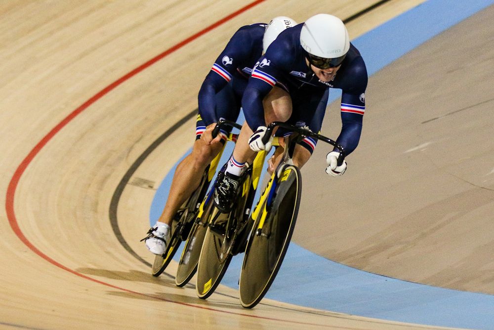 Team of France competes in the Men's Team Sprint on day one fo the UCI Track World Cup