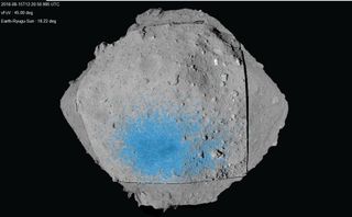 The MASCOT landing site candidate region (light blue area) on the asteroid Ryugu. Since MASCOT was expected to bounce several times after first touching down, a reasonably wide region was selected. 