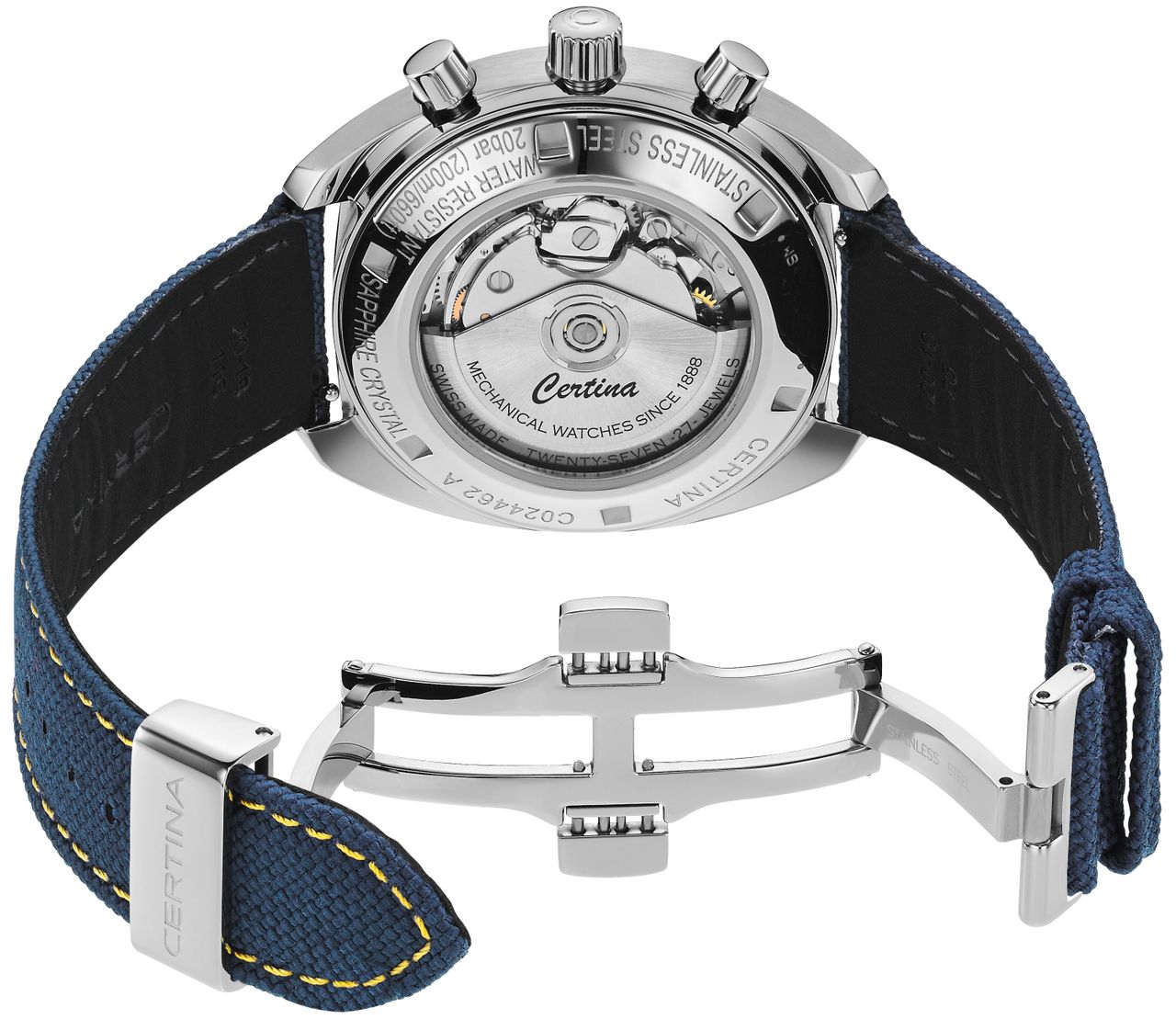 The Certina DS-2 Chronograph from behind, on a white background