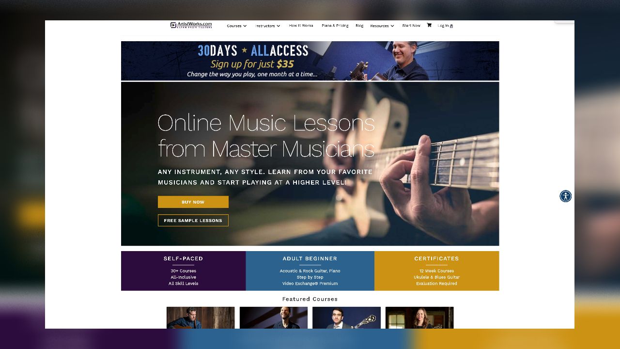 ArtistWorks home page screen grab