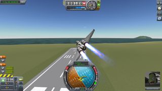 Kerbal Space Program screenshot showing an in-atmosphere craft flying towards a runway