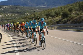 BEDA SPAIN FEBRUARY 21 Dmitry Gruzdev of Kazakhstan and Astana Pro Team Hugo Houle of Canada and Astana Pro Team Nikita Stalnov of Kazakhstan and Astana Pro Team during the 66th Vuelta a Andaluca Ruta del Sol 2020 Stage 3 a 1769km stage from Jan to beda 727m VCANDALUCIA UCIProSeries on February 21 2020 in beda Spain Photo by David RamosGetty Images