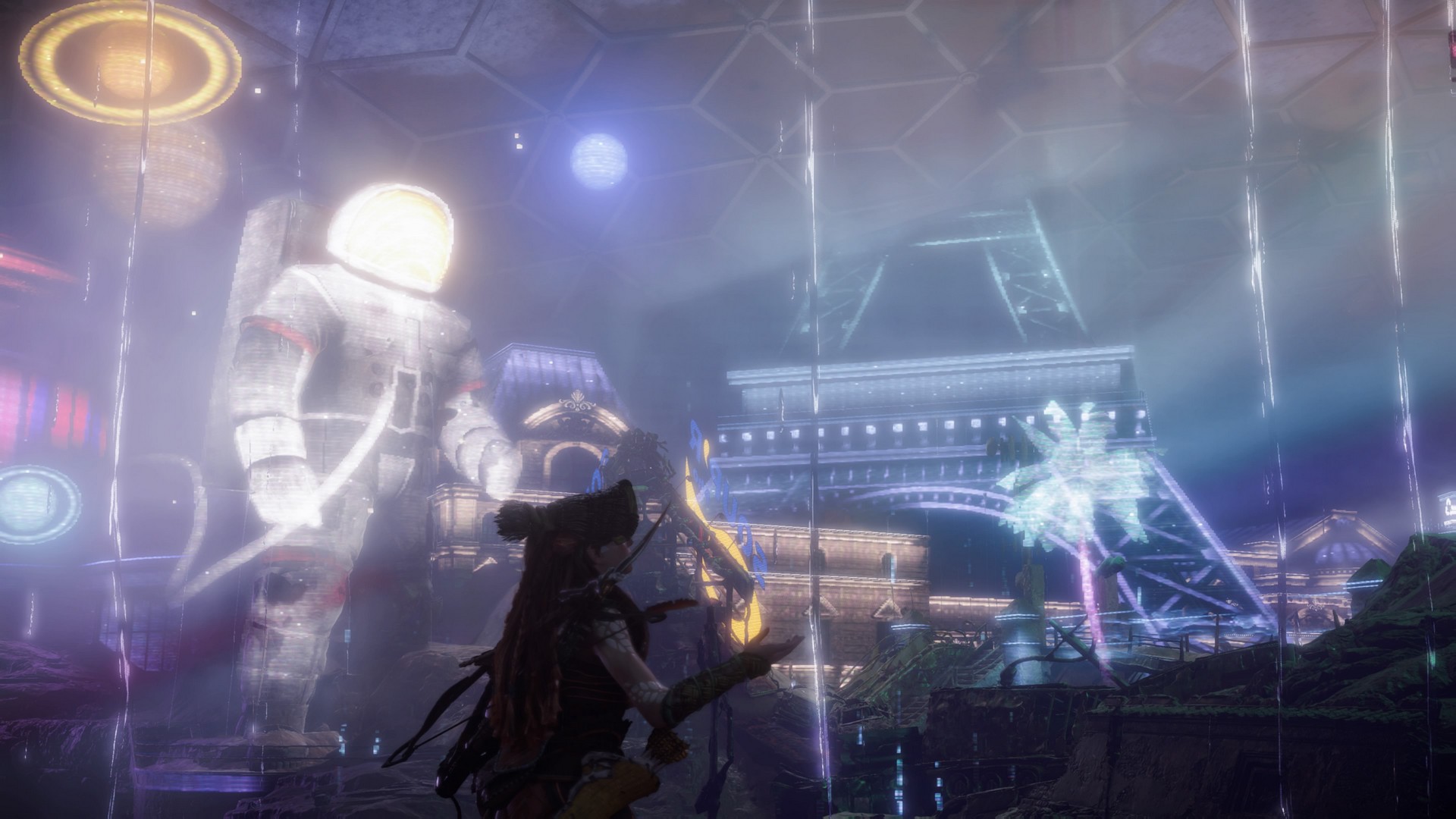 Aloy takes in a Vegas light show in Horizon Forbidden West