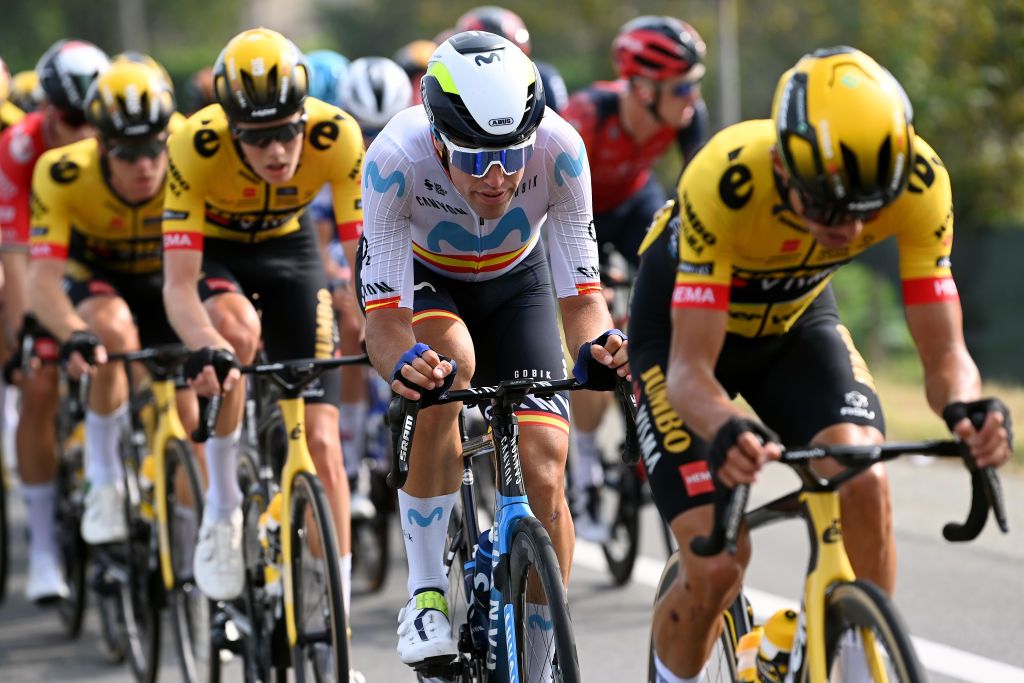 FAVRIA ITALY OCTOBER 05 Oier Lazkano of Spain and Movistar Team competes during the 107th Gran Piemonte 2023 a 152km one day race from Borgofranco dIvrea to Favria on October 05 2023 in Favria Italy Photo by Tim de WaeleGetty Images