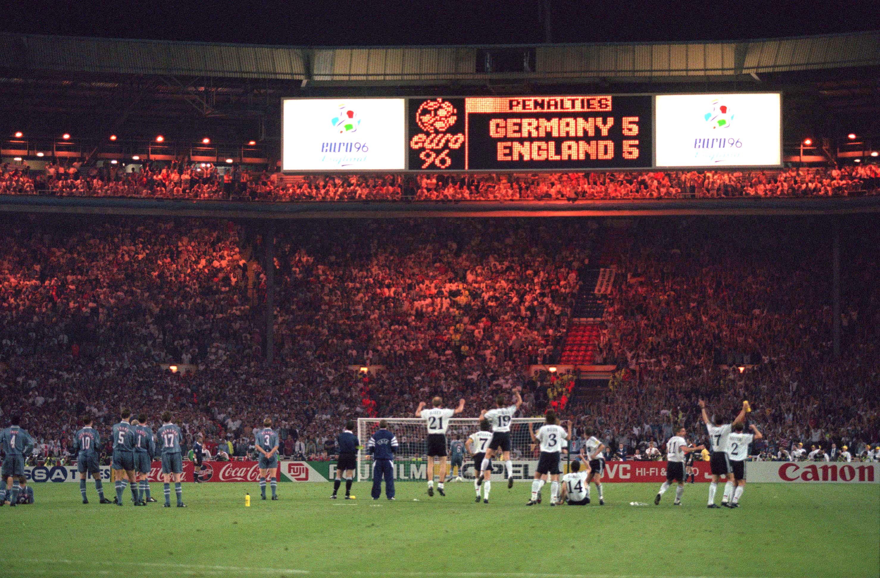 Germany players (on the right) celebrate after beating England on penalties in the semi-finals of Euro 96.