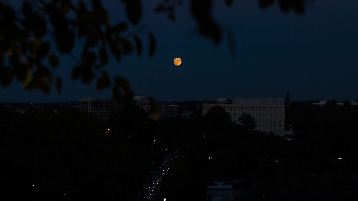 The nearly full moon is seen as it rises from The Observatory at America&rsquo;s Square in Washington, Tuesday, Oct. 19, 2021.
