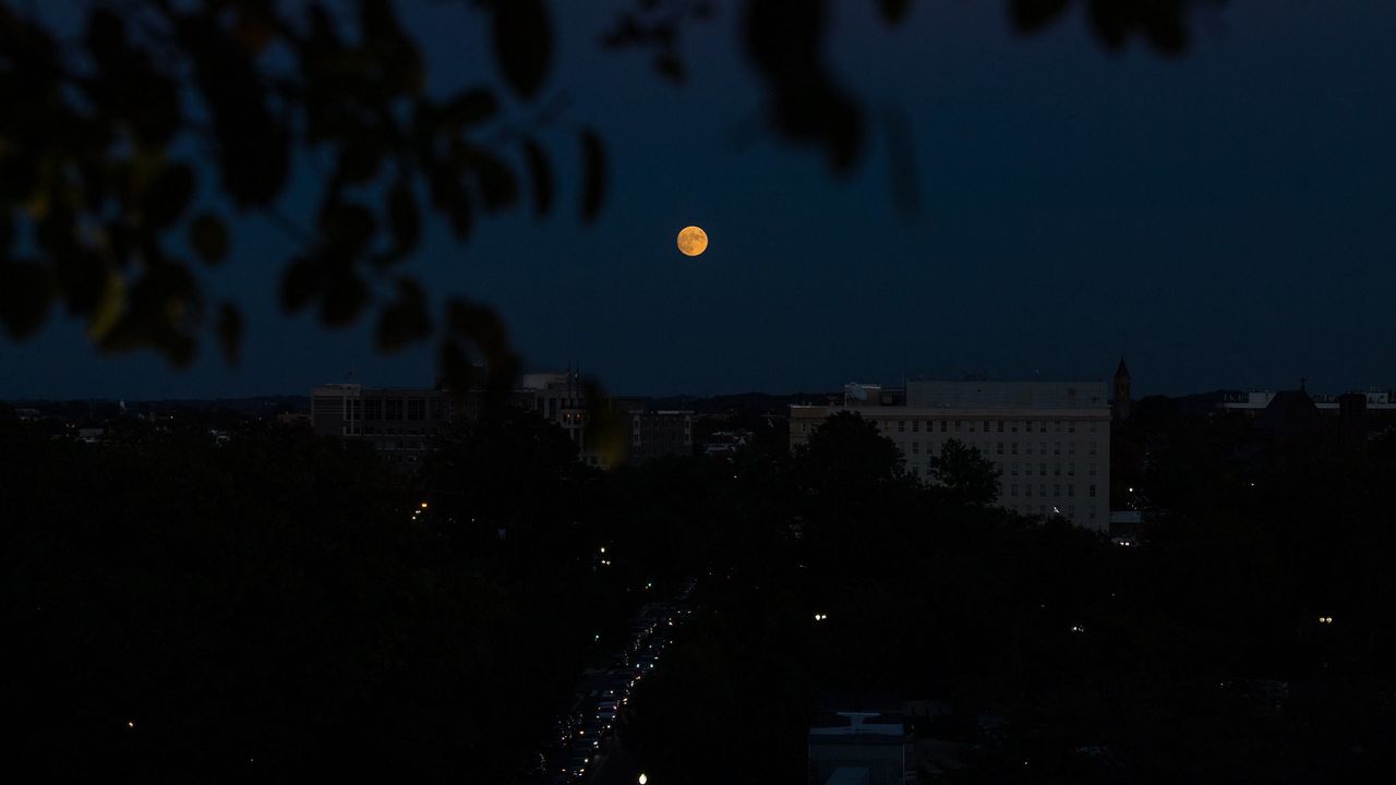 The nearly full moon is seen as it rises from The Observatory at America&rsquo;s Square in Washington, Tuesday, Oct. 19, 2021.