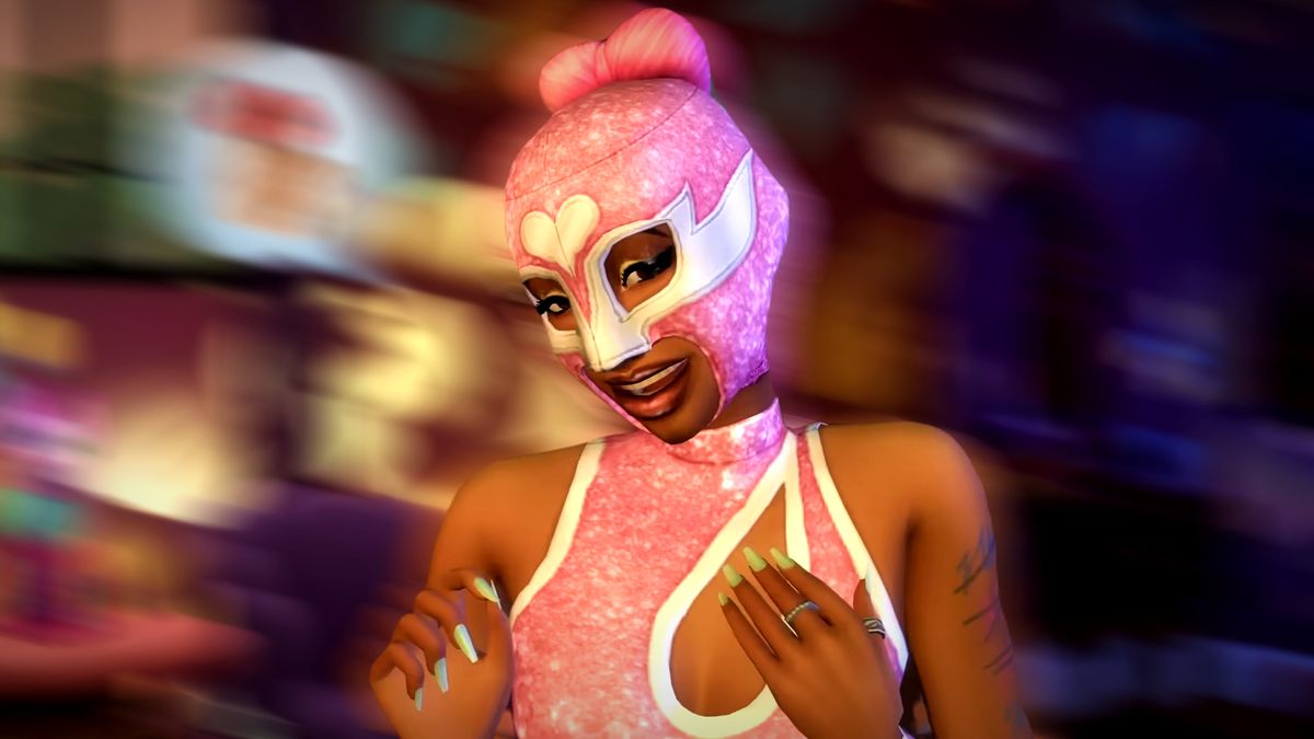 The Sims 4 Lovestruck gameplay trailer screenshot showing a young woman wearing a full-body sparkly pink heart-themed costume, smiling