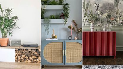 Compilation of three of the best IKEA Besta hacks including sideboard with log storage, cane fronted cabinet and colourful cabinet