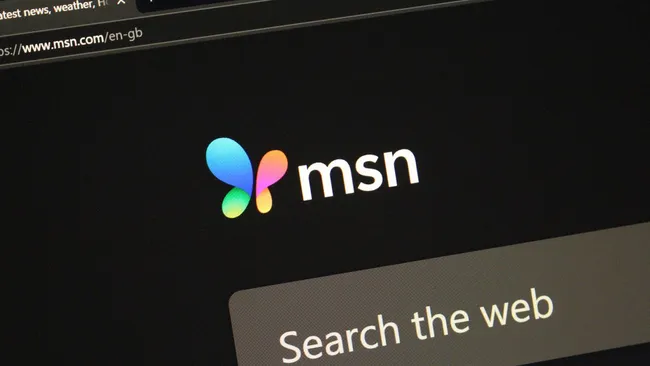 Logo de MSN en pantalla negra con diseño de mariposa colorida y texto que dice "msn" en letras minúsculas, junto a una barra de búsqueda