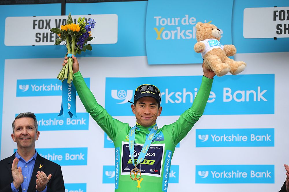 CalebEwan in the green sprint jersey at Tour de Yorkshire
