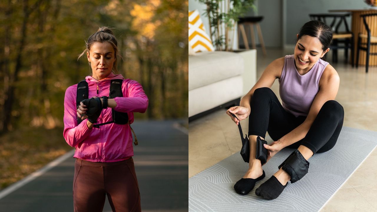 weighted vests vs ankle weights with side by side view of woman wearing weighted vest on tarmac road walking through forest, next to woman sitting on yoga mat wearing ankle weights