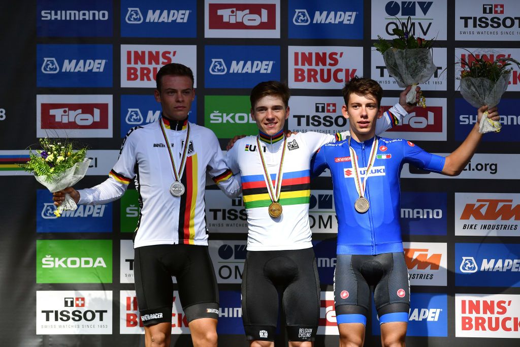 The junior men's podium: Marius Mayrhofer (Germany), Remco Evenepoel (Belgium), and Alessandro Fancellu (Italy)