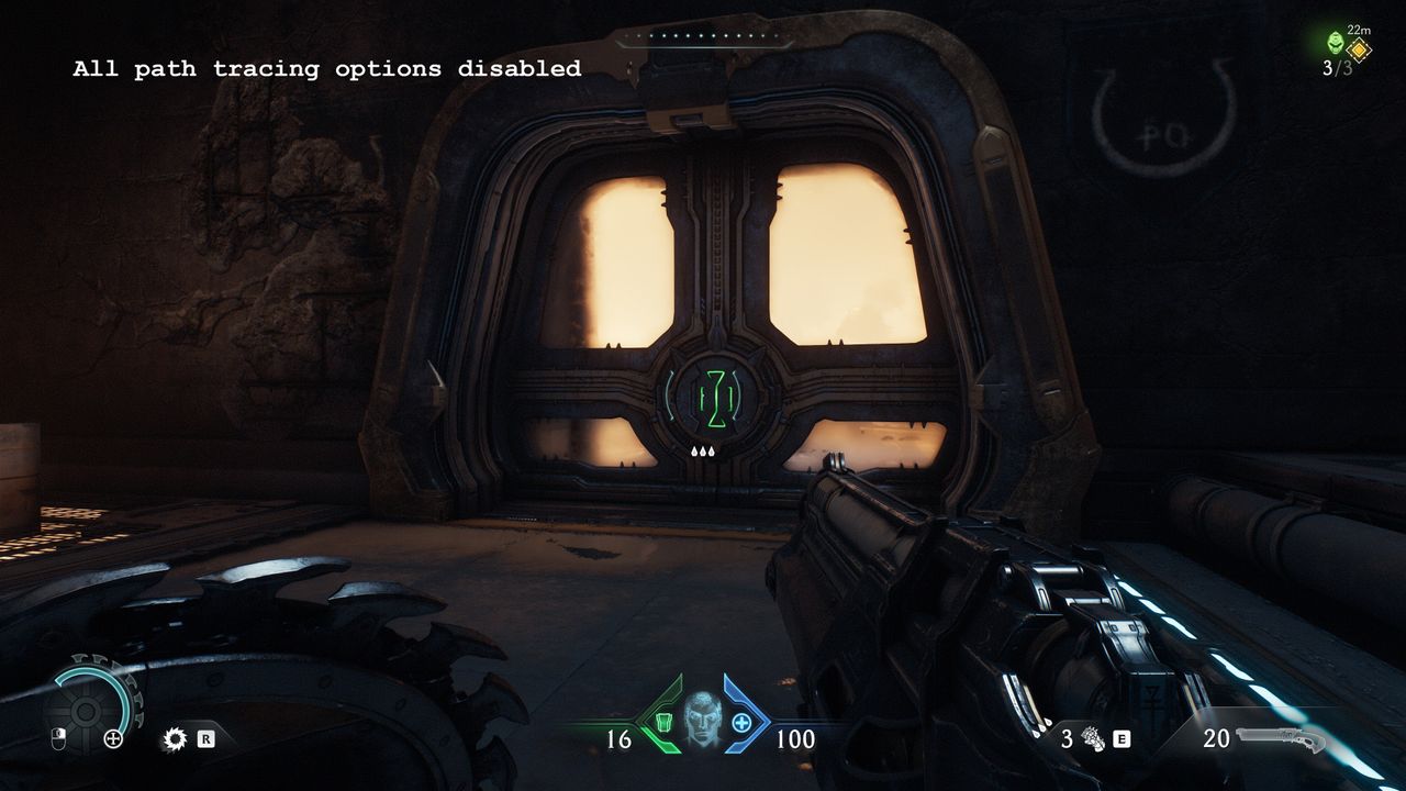 A screenshot of the PC version of Doom: The Dark Ages, showing the visual impact of using standard ray tracing