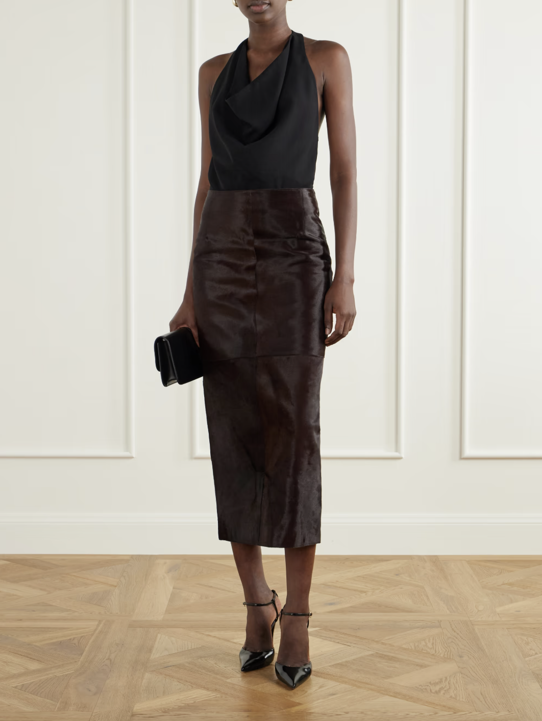 NOUR HAMMOURElyse paneled calf hair midi skirt
