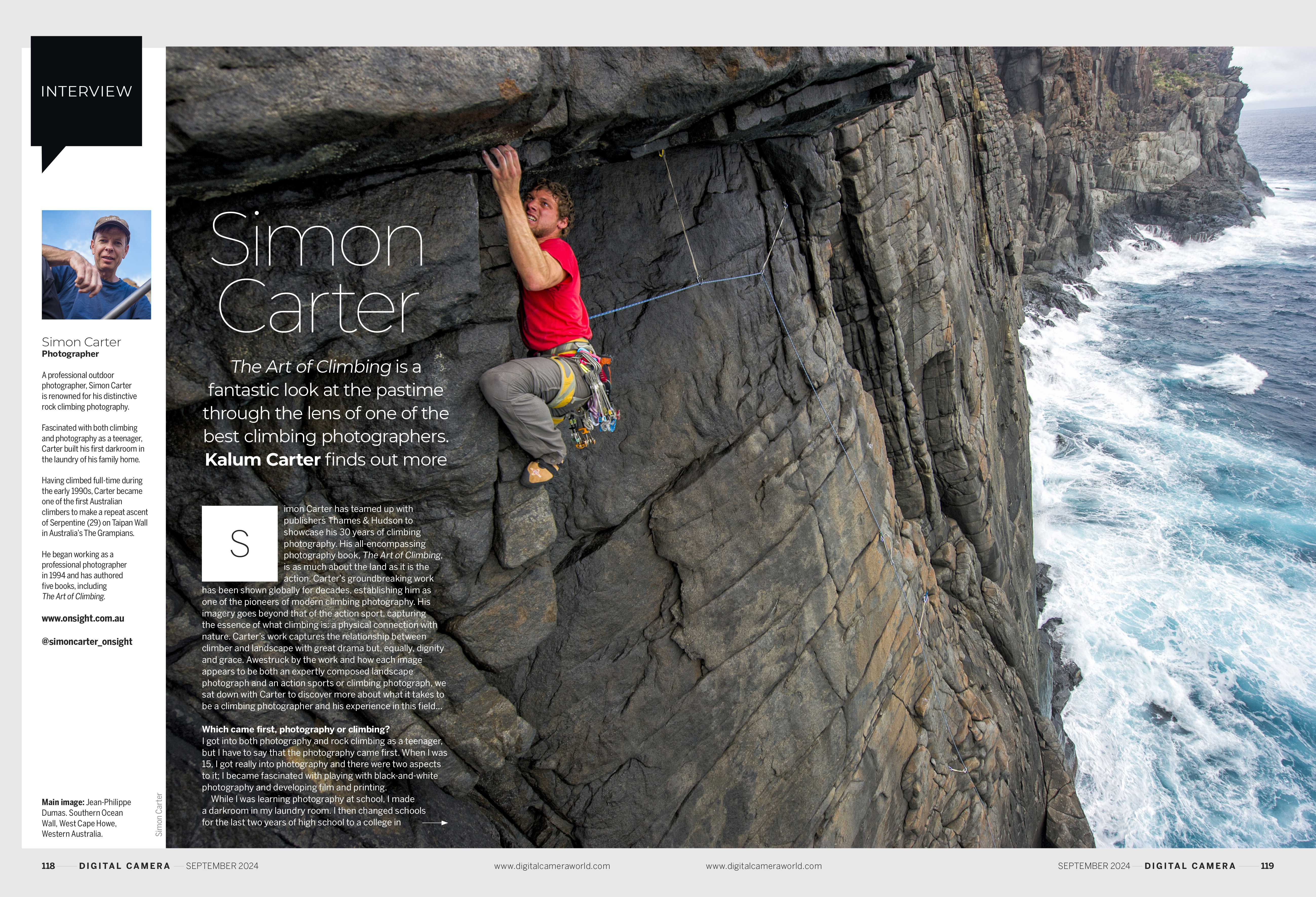 The first two pages of the interview with climbing photographer Simon Carter in the September 2024 issue of Digital Camera magazine