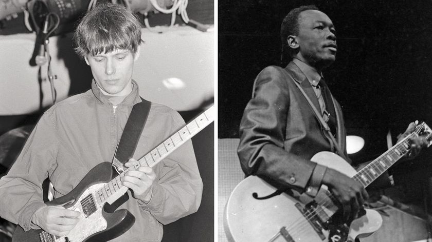 Left-Richard Lloyd of Television playing guitar on stage; Right&ndash;Amercian blues musician John Lee Hooker performs on UK TV show Ready Steady Go, Kingsway Studios, London, June 1964
