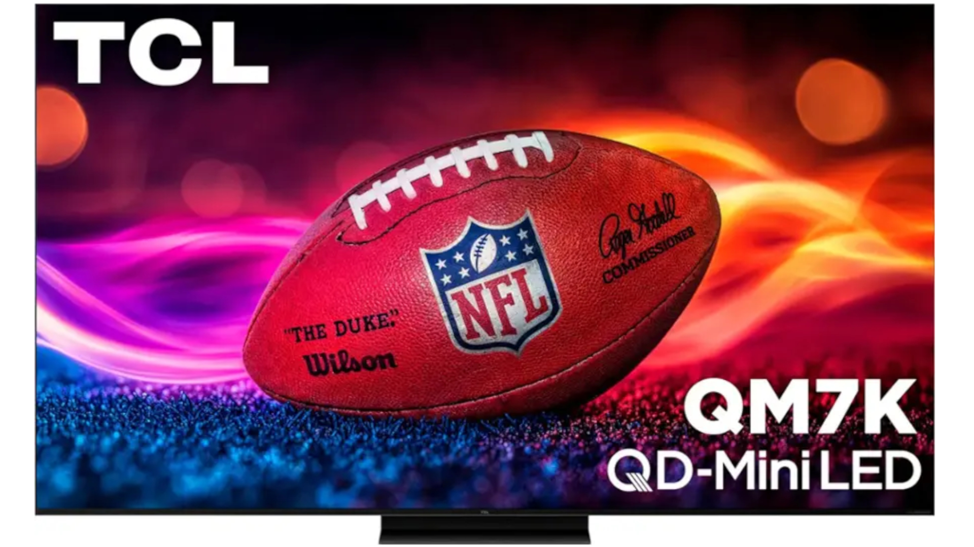 The TCL QM7K displaying an NFL-branded football