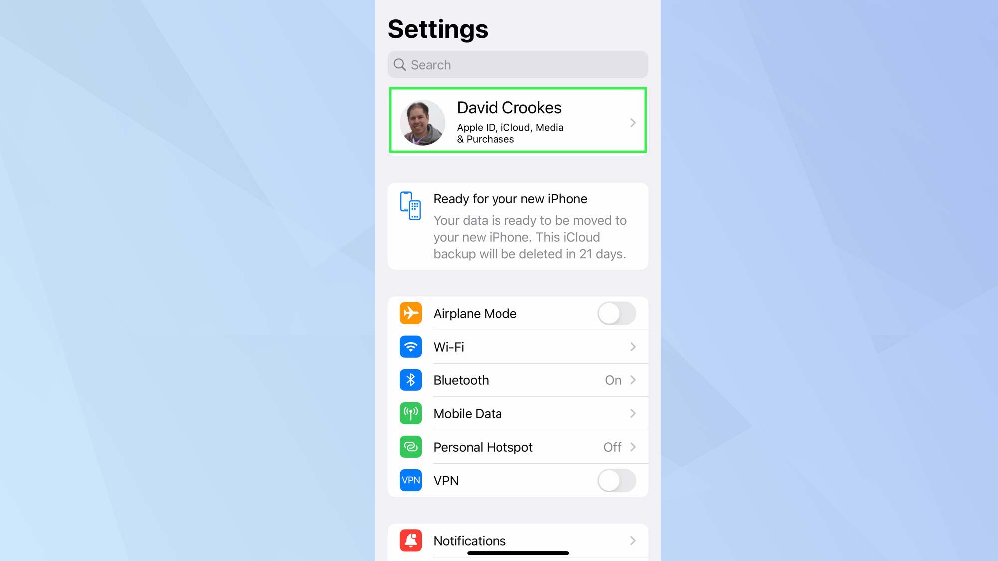 iOS Settings app with name highlighted