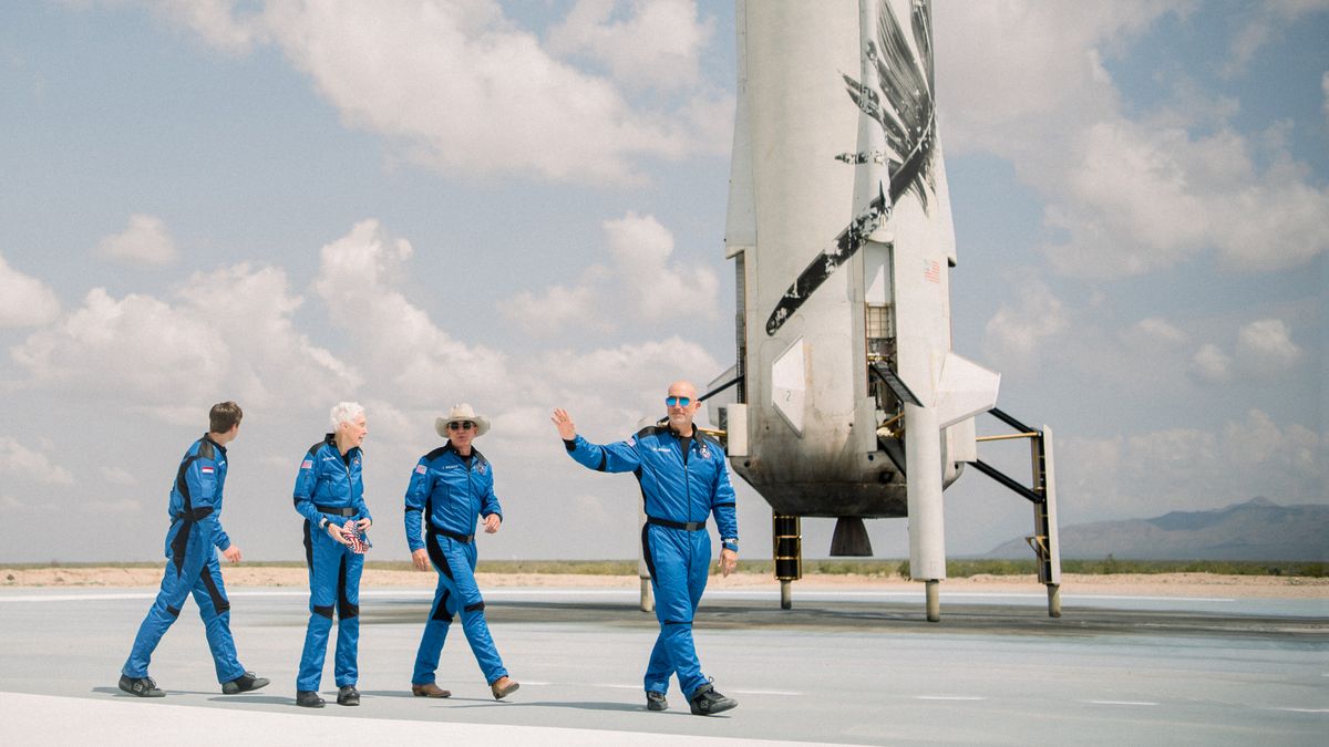 The passengers of Blue Origin&#039;s first crewed spaceflight may no longer be eligible to receive the FAA&#039;s commercial astronaut wings. From left: physics student Oliver Daemen, Mercury 13 aviator Wally Funk, Amazon and Blue Origin billionaire founder Jeff Bezos, and venture capitalist Mark Bezos (brother of Jeff).