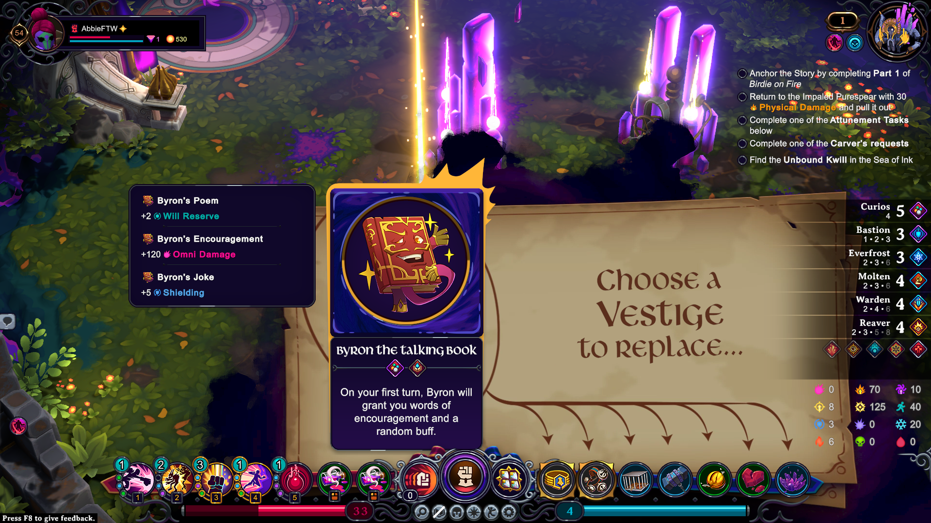 A screen asking the player to choose which vestige to replace with a new one in Inkbound.