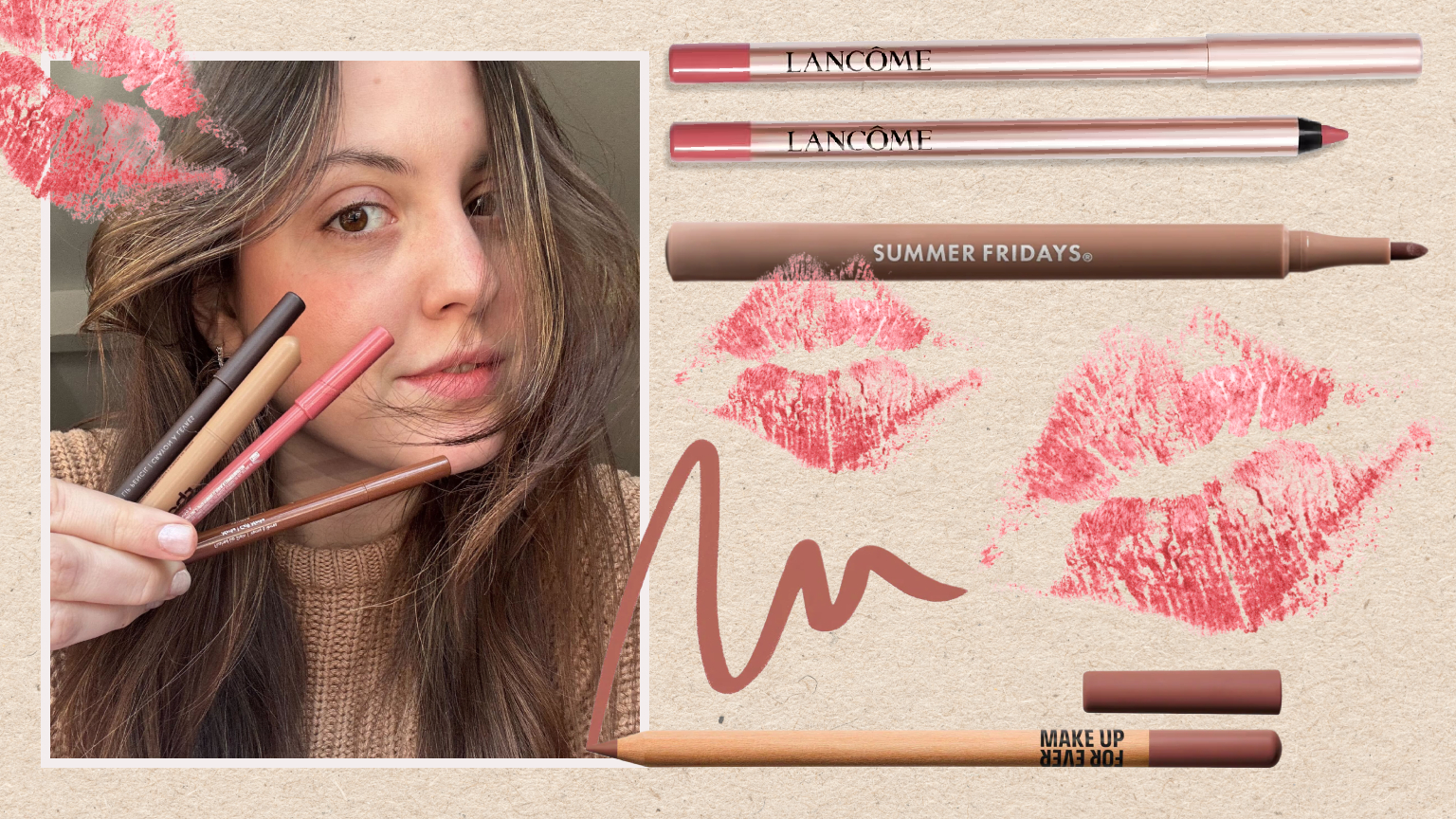 nude lip liners art treatment with a woman holding lip pencils in her hand
