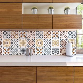 Azulejo 15cm Mosaic Tile Stickers in kitchen with white counter top