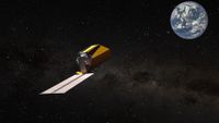 a cylindrical telescope in space looks at earth, both on a starry black background