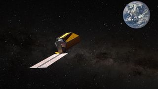 a cylindrical telescope in space looks at earth, both on a starry black background