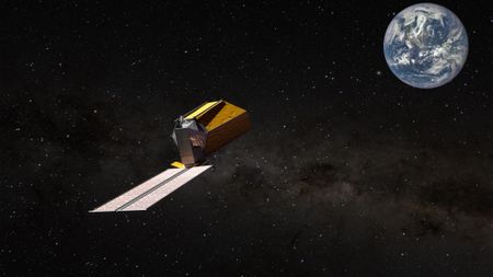 a cylindrical telescope in space looks at earth, both on a starry black background