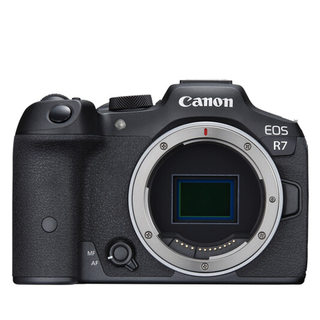 Canon EOS R7 mirrorless camera on a white background