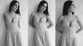 a triptych of Orion Carloto wearing a Chanel dress for the metiers d art event