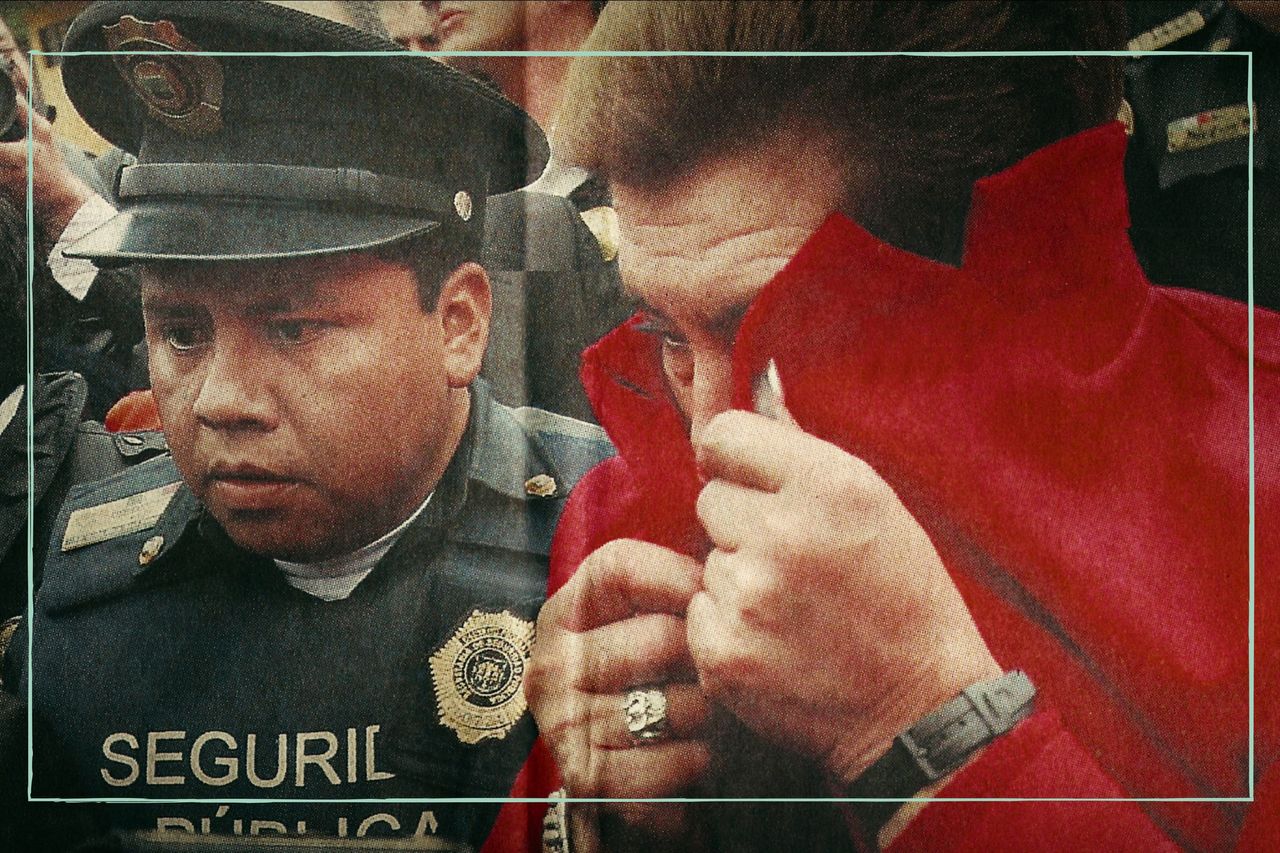 A newspaper photo of Juana Barraza covering her face with her coat collar