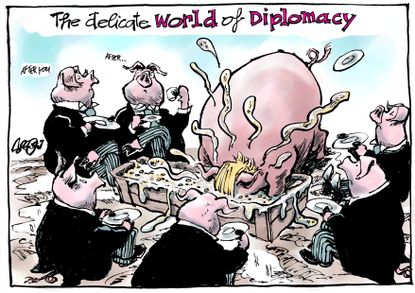 Political Cartoon U.S. Trump trade war diplomacy pigs