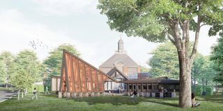 serpentine pavilion 2024 by mass studies facade render from the ground