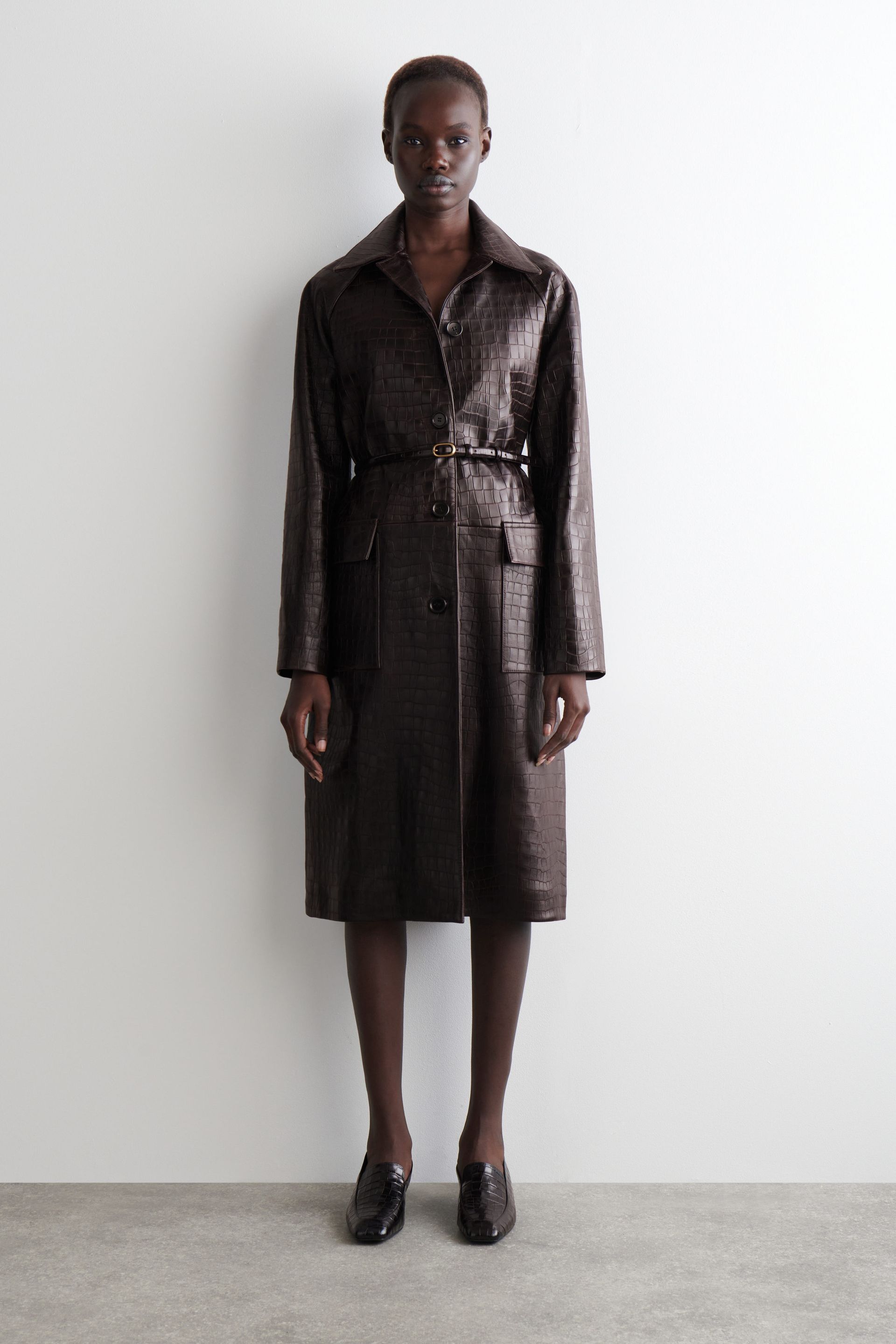 Croc-Embossed Leather Long Coat