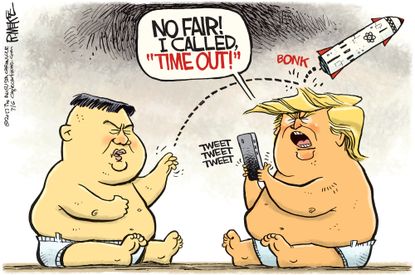 Political cartoon U.S. Trump Kim Jong Un North Korea missiles tweets