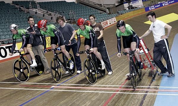 Paul Healion (L), Ciaran Power, Dermot Nally and David O'Loughlin accelerate at the start of a team pursuit drill.