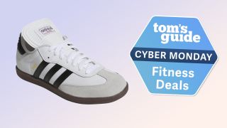 Adidas Samba in white, grey, black and gum, Cyber Monday badge middle right