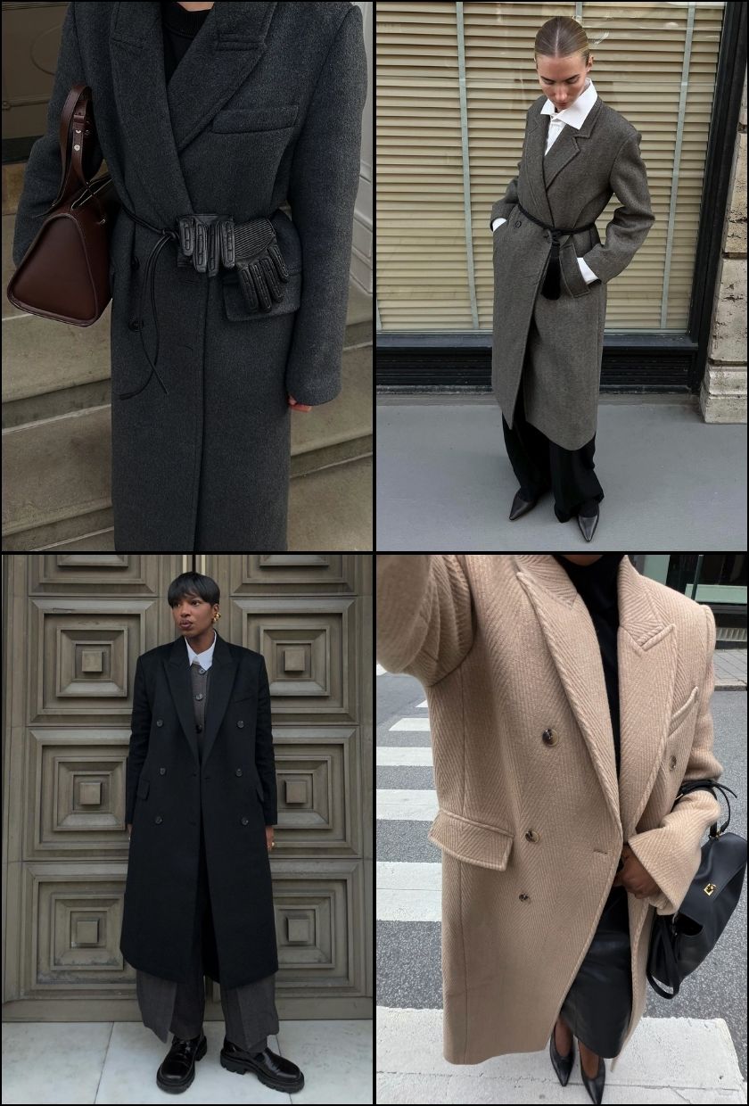 @_santinaharrison wears grey wool boxy coat, @signeemilieolesen wears a khaki wool boxycoat. @thevisuelofgrace wears a black wool boxy coat, @nnennaechem wears a tan wool boxy coat