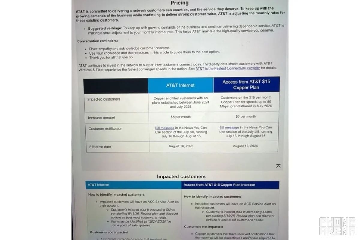 internal documents showing AT&amp;T's planned price increase for internet services