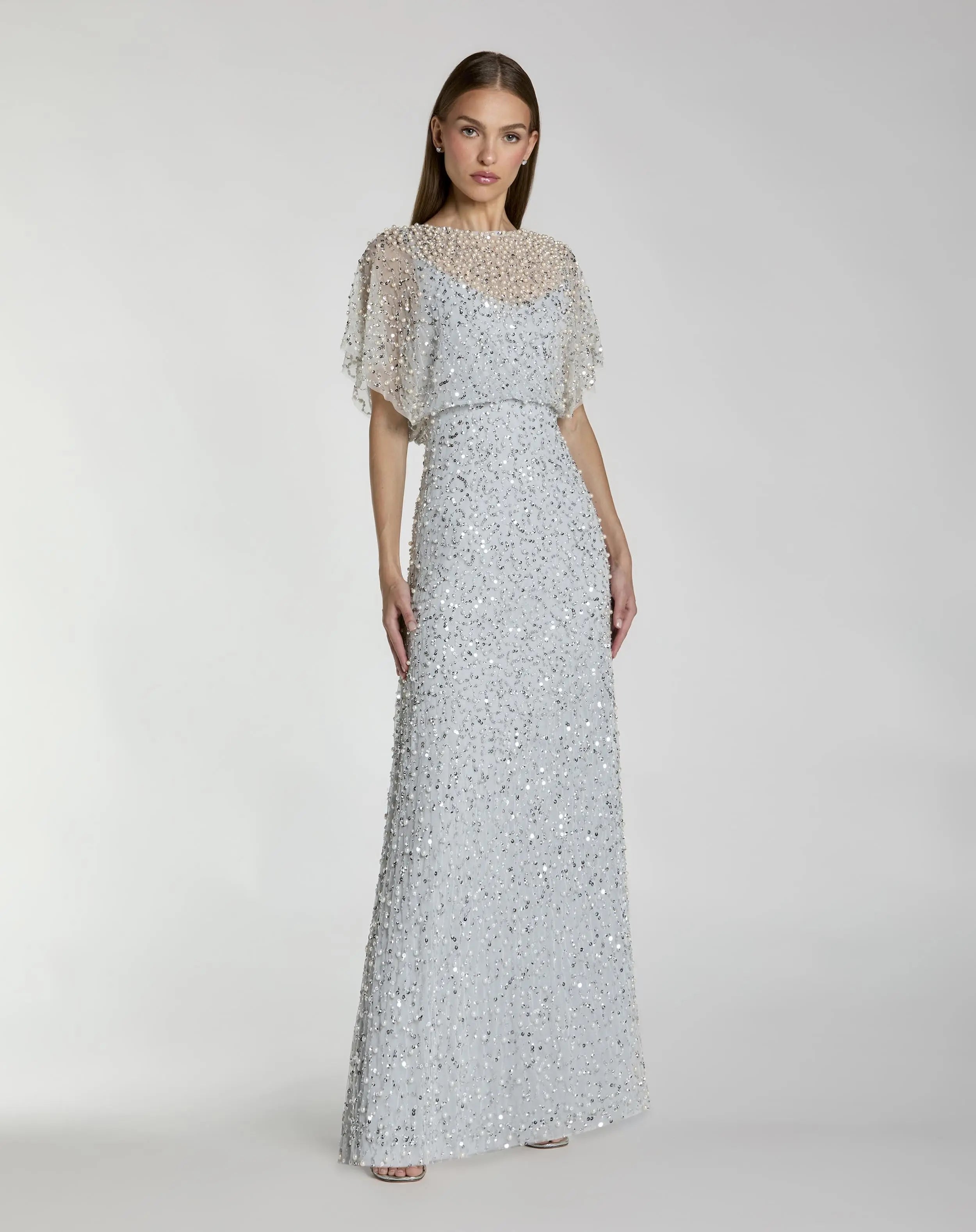 Blue High Neck Short Sleeve Embellished Gown