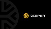 A black background with a circular symbol sits next to a yellow symbol with a maze-like interior and the words "Keeper" in bold white letters.