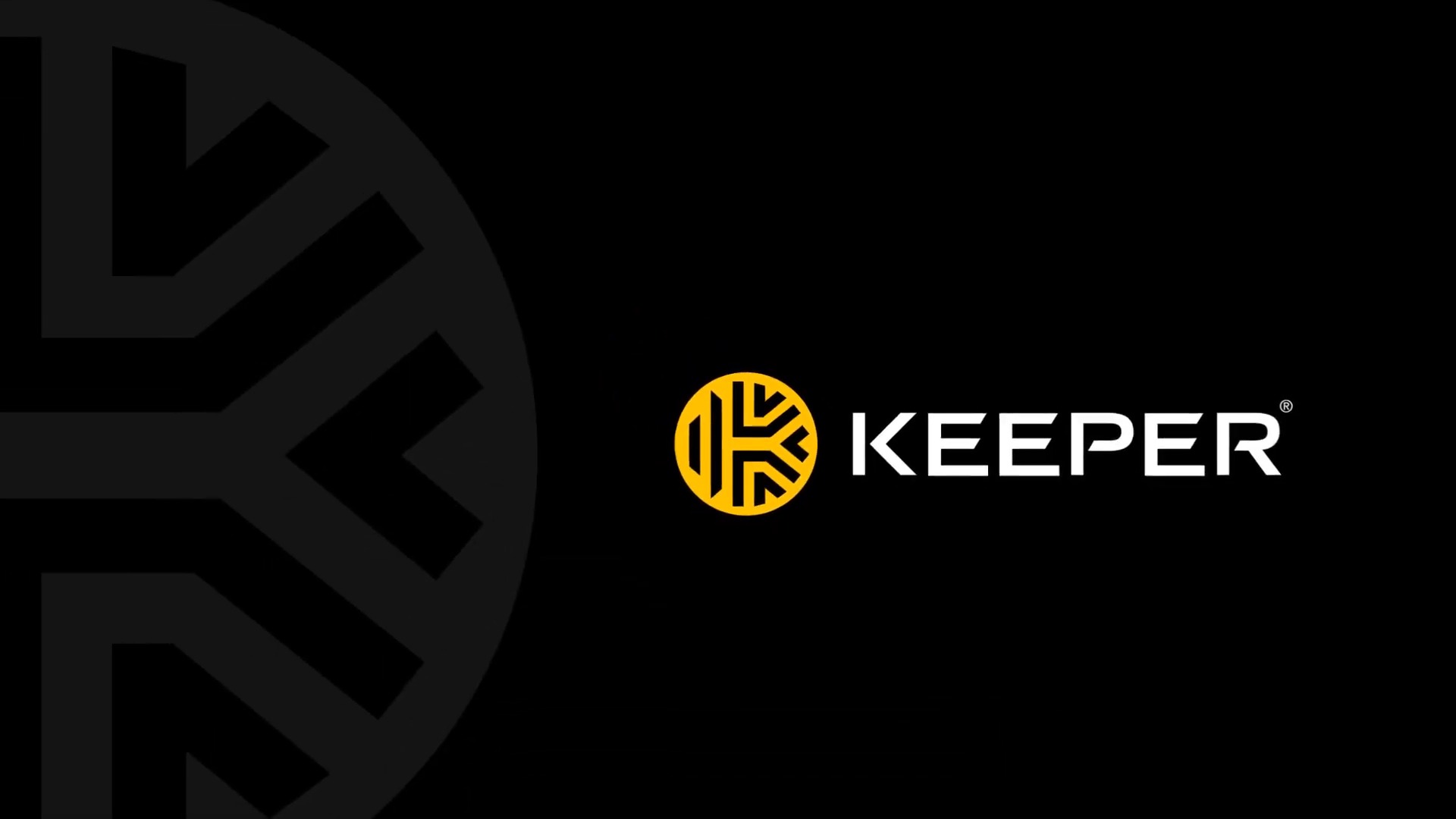 A black background with a circular symbol sits next to a yellow symbol with a maze-like interior and the words "Keeper" in bold white letters.