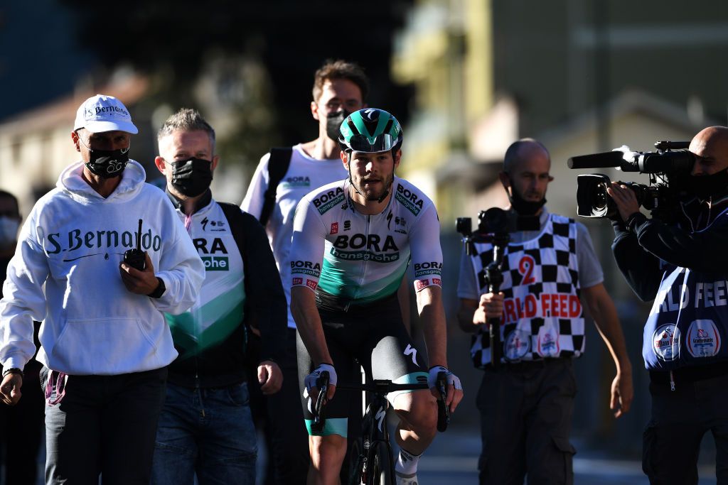 BORGOSESIA ITALY OCTOBER 07 Matthew Walls of United Kingdom and Team Bora Hansgrohe celebrates at finish line as stage winner after the 105th Gran Piemonte 2021 a 168km race from Rocca Canavese to Borgosesia 350m GranPiemonte on October 07 2021 in Borgosesia Italy Photo by Tim de WaeleGetty Images